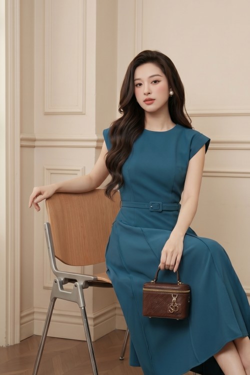 Sixdo Mallard Green Woven Flared Dress